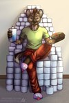 5_fingers anthro chair clothing eyebrows eyelashes feet fingers footwear fur furniture hair lotion lotion_bottle male shoes sitting slippers smile solo text throne toilet_paper akira_volfsar covid-19_pandemic hyena mammal 2020 2:3 absurd_res cyrillic_text digital_media_(artwork) hi_res