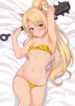 accessory bare_arms bed_sheet bedding bikini blonde_hair blue_eyes breasts clothing collarbone female hair hair_accessory hair_ribbon holding_object holding_weapon humanoid_pointy_ears long_hair looking_at_viewer lying navel not_furry on_back pattern_bikini pattern_clothing pattern_swimwear pointy_ears ponytail raised_arm ribbons skindentation small_breasts smile solo spiked_club strapless_bikini strapless_clothing strapless_swimwear striped_bikini striped_clothing striped_swimwear stripes swimwear two-piece_swimsuit weapon weapon_on_shoulder yellow_bikini yellow_clothing yellow_swimwear takunomi enjo_kouhai iris_(takunomi) elf humanoid absurd_res hi_res