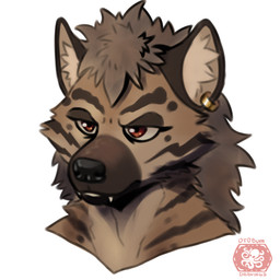 ambiguous_gender anthro black_nose brown_body brown_fur brown_hair ear_piercing fur hair piercing red_eyes serious serious_face solo spots teeth ottobum hyena mammal 1:1 absurd_res bust_portrait hi_res portrait