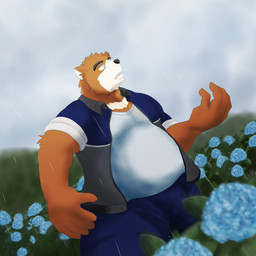 anthro blue_flower bottomwear clothing cloud floral flower jacket male pants plant raining shirt solo topwear white_clothing white_shirt white_topwear wo morenatsu juuichi_mikazuki bear mammal 1:1 2024 hi_res