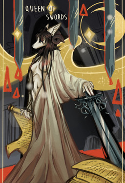 anthro breasts card clothing detailed_background exposed_breasts female fur hair holding_object long_hair melee_weapon minor_arcana queen_of_swords_(tarot) robe solo standing sword tarot tarot_card text weapon white_body white_fur tessa_gaf domestic_cat felid feline felis mammal digital_media_(artwork) hi_res