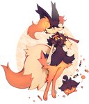 ambiguous_gender anthro black_body black_fur braixen candy canid canine dessert duo fakemon fangs food fur fusion generation_6_pokemon halloween hi_res holidays hybrid looking_at_viewer mammal multicolored_body multicolored_fur nintendo orange_eyes pokemon pokemon_(species) pokemon_fusion pumpkaboo simple_background smile standing teeth two_tone_body two_tone_fur wanya white_background