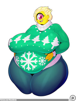 big_breasts breasts female holidays huge_breasts not_furry overweight overweight_female overweight_humanoid patreon_logo purple_eyes simple_background solo text thick_thighs website_logo white_background dieselbrain christmas patreon sucy cyclops humanoid english_text hi_res url