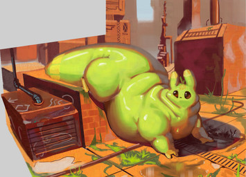 3_fingers ambiguous_gender belly big_belly big_tail black_eyes brick feral fingers glistening glistening_body grass green_body obese overweight overweight_ambiguous overweight_feral plant solo squish tail citrusslugcat rain_world videocult citrus_(slugcat) slugcat