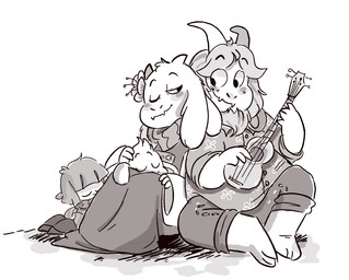 anthro barefoot beard clothed clothing eye_contact eyes_closed facial_hair feet female fully_clothed group hair horn long_ears looking_at_another lute male mature_anthro mature_female mature_male musical_instrument one_eye_closed plucked_string_instrument romantic romantic_couple simple_background sitting sleeping smile string_instrument ukulele white_background mudkipful undertale undertale_(series) asgore_dreemurr asriel_dreemurr chara_(undertale) toriel boss_monster_(undertale) bovid caprine goat human mammal 2016 greyscale monochrome father_(lore) father_and_child_(lore) father_and_son_(lore) mother_(lore) mother_and_child_(lore) mother_and_son_(lore) parent_(lore) parent_and_child_(lore) parent_and_son_(lore) son_(lore)