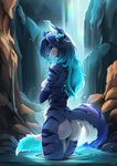anthro big_breasts biped blue_body blue_eyes blue_hair blush breasts cave female female_anthro flower fur hair lake nude plant rose_(flower) solo sun underground water waterfall white_body white_fur laffisa canid canine felid fox leopard mammal pantherine absurd_res hi_res