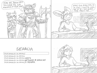 anthro armor behind_computer cape clothing dialogue eye_contact frown group hand_on_hip holding_object holding_weapon looking_at_another male poleaxe search_engine shoulder_armor sitting size_difference speech_bubble text trio weapon stormwolfbaron canid canine lagomorph leporid mammal rabbit 2019 comic english_text sketch