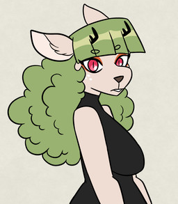 anthro antlers bangs big_breasts black_clothing breasts clothing curly_hair female freckles green_hair hair horn long_hair looking_at_viewer red_eyes simple_background small_antlers solo nerdyreindeer deer mammal