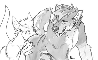 anthro anthro_on_anthro cheek_tuft claws duo erection eyes_closed facial_tuft fangs finger_claws genitals hair knot knotted_penis male male/male neck_tuft nude open_mouth penis short_hair simple_background teeth tongue tongue_out tuft solaxe_(artist) solaxe canid canine kangaroo macropod mammal marsupial hi_res monochrome sketch