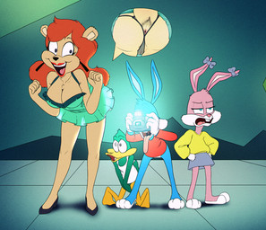 annoyed anthro anus anus_only breasts camel_toe camera cleavage clothed clothing dress female fur group hair lipstick makeup male red_hair taking_picture tan_body tan_fur thong underwear young young_anthro young_female young_male drockdraw tiny_toon_adventures warner_brothers babs_bunny buster_bunny julie_bruin plucky_duck anatid anseriform avian bear bird duck lagomorph leporid mammal rabbit