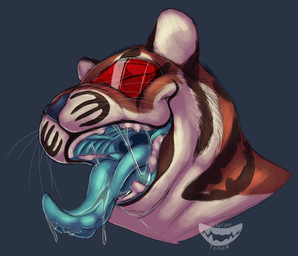 anthro bodily_fluids eyes_closed eyewear goggles long_tongue mouth_shot open_mouth open_smile saliva smile solo tongue tongue_out whiskers squishy_tiger felid mammal pantherine tiger tagme