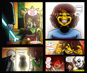 ambiguous_gender anthro blue_clothing blue_jacket blue_topwear bone boots brown_hair chair clenched_teeth clothing creepy_smile crown dialogue door eyebrows footwear furniture grass group hair headgear heart_necklace holding_head holding_knife holding_object jacket knife light-skinned_male long_sleeves looking_back male on_chair plant scared severed_body_part severed_head shoes short_hair sitting sitting_on_chair sitting_on_throne skeleton smile suit sweater teeth text throne topwear trio yellow_body otropayaso245 the_boys_(series) undertale undertale_(series) asgore_dreemurr chara_(undertale) frisk_(undertale) sans_(undertale) animated_skeleton bovid caprine goat human mammal undead comic english_text hi_res meme