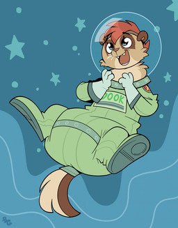 3_fingers ambiguous_gender anthro big_diaper brown_body brown_ears brown_fur brown_inner_ear brown_nose brown_tail clean_diaper clothed clothing cosmic_background diaper diaper_under_clothing fangs fingers floating fur green_clothing hair logo multicolored_body multicolored_fur open_mouth open_smile peace_symbol red_hair smile solo space space_background spacesuit tail tan_body tan_fur tan_tail teeth text text_on_clothing two_tone_tail wearing_diaper bubblepuppers anya_(fauxhammer) domestic_ferret mammal mustelid musteline true_musteline weasel artist_logo full-length_portrait hi_res portrait nonbinary_(lore)