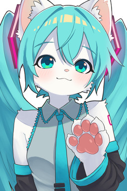 5_fingers alternate_species anthro blush breasts claws clothed clothed_anthro clothed_female clothing female female_anthro finger_claws fingers fur furrification green_eyes green_hair hair kemono looking_at_viewer pawpads paws pink_nose solo white_body white_fur neko_t_chan vocaloid yamaha_corporation hatsune_miku domestic_cat felid feline felis mammal 2025 digital_media_(artwork) hi_res