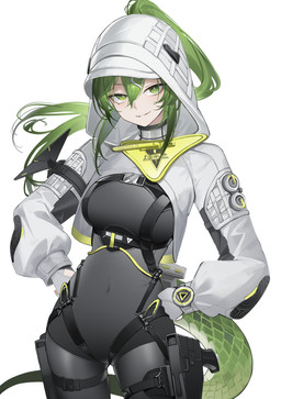 accessory black_bodysuit black_clothing black_skinsuit bodysuit breasts clothing female fingerless_gloves gloves green_eyes green_hair hair hair_accessory hand_on_hip handwear hood jacket long_hair looking_at_viewer medium_breasts ponytail simple_background skinsuit smile tail tight_clothing topwear white_background white_clothing white_jacket white_topwear paszuto arknights arknights:_endfield hypergryph studio_montagne fluorite_(arknights) animal_humanoid humanoid reptile reptile_humanoid scalie scalie_humanoid snake_humanoid absurd_res hi_res