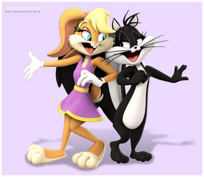3_toes 4_fingers anthro barefoot black_body black_eyes black_fur black_nose blonde_hair blue_eyes clothing countershade_feet countershading dress duo eyelashes feet female fingers fur gloves hair handwear pink_inner_ear pink_nose purple_clothing purple_dress shadow simple_background smile smiling_at_another smiling_at_each_other tan_body tan_fur toes whiskers white_body white_clothing white_fur white_gloves white_handwear jcthornton looney_tunes warner_brothers lola_bunny penelope_pussycat domestic_cat felid feline felis lagomorph leporid mammal rabbit tuxedo_cat 2025 signature