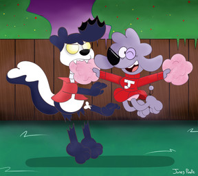 anthro breasts cheerleader cheerleader_outfit clothed clothing duo fangs female holidays looking_at_viewer male one_eye_closed panties pink_clothing pink_panties pink_underwear sweater teeth toony topwear underwear upskirt wink winking_at_viewer janey_poodle halloween janey_the_poodle canid canine canis domestic_dog mammal mephitid poodle skunk undead hi_res