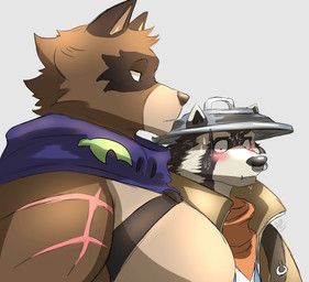 anthro anthro_on_anthro barazoku big_muscles big_pecs blush bodily_fluids clothed clothing duo facial_piercing flustered frown fur hat headgear headwear kerchief leaf looking_at_another male male/male muscular muscular_anthro muscular_male neckerchief neckwear nose_piercing nose_ring pecs piercing ring_piercing scar side_view simple_background size_difference standing sweat topless topless_anthro topless_male trash_can_lid tuft white_background howdypeepos epic_games fortnite girl_staring_at_man's_chest hajime_(fortnite) rufus_(fortnite) canid canine mammal procyonid raccoon raccoon_dog tanuki 2025 hi_res meme