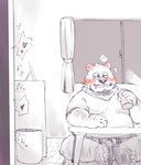 anthro blush bottomwear bulge clothing facial_hair feet heart_symbol humanoid_hands inside kemono male mature_male mustache overweight overweight_male shirt shorts sitting solo topwear furipon bear mammal 2023 hi_res