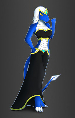 anthro barefoot biped blue_body breasts claws cleavage clothed clothing feet female hair midriff navel non-mammal_breasts solo standing toe_claws white_hair zigzagmag reptile scalie snake 2015 hi_res