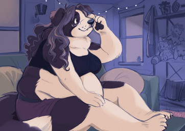 andromorph anthro bedroom belly book bottomwear bra breasts clothed clothed_andromorph clothed_anthro clothing coat cute_fangs detailed_background eyewear fangs fat_rolls feet floppy_ears furniture glasses hair hindpaw inside intersex midriff on_sofa overweight overweight_andromorph overweight_anthro overweight_intersex pawpads paws pillow plant plushie shelf shorts sitting sitting_on_sofa smile sofa solo sports_bra string_lights teeth topwear underwear whisker_spots window luckymuttz canid canine canis collie domestic_dog herding_dog mammal molosser mountain_dog pastoral_dog saint_bernard sheepdog 2025 digital_media_(artwork) full-length_portrait hi_res portrait trans_(lore) trans_man_(lore)