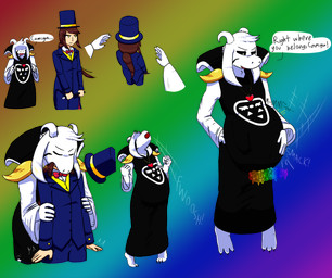abdominal_bulge anthro anthro_pred belly belly_slap big_belly bow_tie brown_hair clothing delta_rune_(emblem) duo female female_prey fur gurgle_(sound_effect) hair hat head_first headgear headwear horn human_prey jewelry magic_wand magician male male_pred motion_lines necklace oral_vore rainbow rainbow_background robe rumbling_stomach simple_background slap slapping_own_belly slapping_self sneak_attack soft_vore standing suit symbol text top_hat vore white_body white_fur pillowfloof undertale undertale_(series) asriel_dreemurr_(god_form) camiga_picamsete boss_monster_(undertale) human mammal 2026 absurd_res english_text hi_res sequence