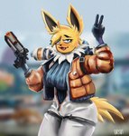 anthro breasts butt clothed clothing ears_up female gun handgun jumpsuit pistol ranged_weapon science_fiction solo tail weapon ony01 apex_legends electronic_arts nintendo pokemon respawn_entertainment wattson_(apex_legends) eeveelution generation_1_pokemon jolteon pokemon_(species) hi_res