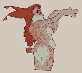 anthro bathing breasts docked_tail female leopard_spots looking_at_viewer looking_back short_tail side_boob slightly_chubby solo spots stretching tail sabanasmiles kuri_lebeau felid feline lynx mammal hi_res