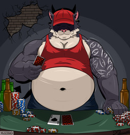 ace_of_spades alcohol anthro arm_tattoo barazoku beer beer_bottle belly beverage biceps big_belly big_muscles black_body black_fur bottle bottomwear brick card clothed clothing container denim denim_bottomwear denim_clothing ear_piercing ear_ring fingers fur hand_on_table hat headgear headwear holding_card holding_object inner_ear_fluff jeans male male_anthro musclegut muscular muscular_anthro muscular_male navel overweight overweight_anthro overweight_male pants pecs piercing playing_card poker poker_chip poker_table red_clothing red_hat red_headwear red_shirt red_tank_top red_topwear ring_piercing shirt solo standing tank_top tattoo topwear tuft kotarocat_(artist) kotarocat domestic_cat felid feline felis mammal english_description half-length_portrait hi_res portrait story story_in_description