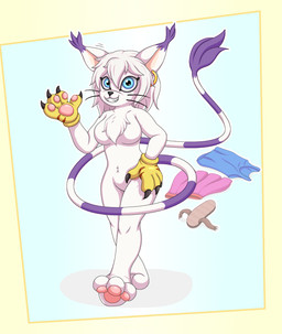 after_transformation anthro black_claws black_whiskers blue_clothing blue_eyes blue_shirt blue_tank_top blue_topwear bottomwear claws clothing dipstick_ears discarded_clothing ear_markings ear_tuft female footwear fur gesture gloves gold_ear_ring hair hand_on_hip hand_on_own_hip handpaw handwear long_tail multicolored_ears muscular muscular_thighs paw_gloves pawpads paws pink_bottomwear pink_clothing pink_pawpads pink_skirt purple_ear_tips red_stripes sandals shirt shoes short_stack skirt smile solo stripes tail tank_top topwear transformation tuft walking walking_towards_viewer waving waving_at_viewer whiskers white_body white_fur white_hair yellow_clothing yellow_gloves yellow_handwear phyrexianrevoker bandai_namco digimon the_succubus_hunt meri_(gatomon_form) meri_(the_succubus_hunt) digimon_(species) domestic_cat felid feline felis gatomon mammal absurd_res hi_res