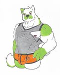 abs anthro biceps boxer_briefs bulge claws clothed clothing eyebrows fur green_body green_ears green_eyebrows green_fur green_skin grey_clothing hand_on_hip legwear looking_at_viewer male male_anthro multicolored_body multicolored_clothing multicolored_ears multicolored_fur multicolored_hands multicolored_skin multicolored_tail muscular muscular_anthro muscular_male muscular_thighs nipple_outline nipple_slip nipple_zipper nipples orange_clothing orange_underwear pecs red_eyes shirt simple_background snout solo tail tank_top top_tank_meme topwear triceps two_tone_body two_tone_clothing two_tone_ears two_tone_fur two_tone_tail underwear white_background white_body white_clothing white_ears white_fur white_legwear white_skin zipper k_hunnicutt meme_clothing canid canine canis mammal wolf 2017 hi_res meme signature