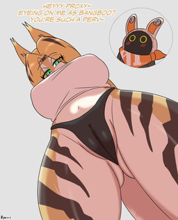 anthro anthro_focus big_breasts black_clothing black_panties black_underwear blush blush_lines breasts brown_body brown_fur butt butt_from_the_front camel_toe clothing crop_top cutaway dialogue duo female female_focus front_view fur genital_outline green_eyes grey_background hair half-closed_eyes looking_at_viewer looking_down low-angle_view midriff narrowed_eyes navel nipple_outline orange_body orange_fur panties seductive shirt simple_background solo_focus standing tail talking_to_another tan_body tan_fur taunting text topwear underwear vulva_outline white_clothing white_crop_top white_topwear worm's-eye_view hyuvevo mihoyo zenless_zone_zero eous_(zenless_zone_zero) pulchra_fellini bangboo felid feline mammal thiren absurd_res artist_name english_text hi_res portrait three-quarter_portrait