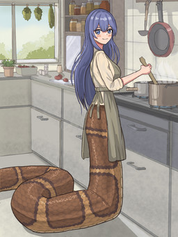 apode apron blue_eyes blue_hair blush breasts clothing cooking cooking_pot female hair kitchen legless light_body light_skin long_hair scales serpentine solo split_form window tausend_pfeile draconcopode lamia reptile scalie snake hi_res