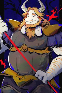 anthro arm_hair armor blonde_hair body_hair fur hair horn humanoid_hands looking_at_viewer male overweight overweight_anthro overweight_male solo white_body white_fur ghosty5am undertale_(series) asgore_dreemurr bovid caprine goat mammal 2026 2:3 digital_drawing_(artwork) digital_media_(artwork) english_description hi_res