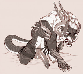3_eyes animal_genitalia anthro arm_spikes balls bedding big_fangs big_penis bottomwear clothed clothing fangs genitals glistening glistening_eyes horn humanoid_genitalia humanoid_penis hybrid_genitalia hybrid_penis kneeling male male_anthro multi_eye narrowed_eyes open_mouth pants penis sheath sheathed_humanoid_penis shoulder_spikes simple_background solo spikes spikes_(anatomy) teeth text topless torn_bottomwear torn_clothing torn_pants seraphictiger felid mammal artist_name hi_res monochrome