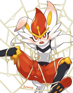 blush bottomwear bulge clothed clothing ear_blush erection erection_under_clothing male pants solo spider_web spread_legs spreading sticky stuck_in_web sumiso nintendo pokemon cinderace generation_8_pokemon pokemon_(species) hi_res source_request unavailable_at_source