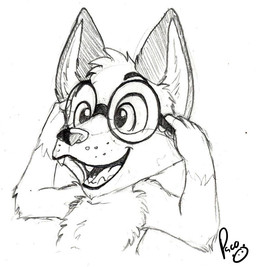anthro arm_tuft elbow_tuft eyewear fangs glasses glistening glistening_eyes head_tuft male male_anthro nude open_mouth open_smile round_glasses smile solo teeth tongue tuft young young_anthro young_male pandapaco canid canine mammal 2015 bust_portrait monochrome portrait sketch