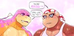 anime_eyes anthro barazoku blue_eyes brown_body brown_fur clothed clothing countershade_face countershade_torso countershading detailed_eyes dialogue duo eyelashes fur heart_symbol humor kerchief looking_at_another male male/male muscular muscular_anthro muscular_male orange_body orange_scales pink_body pink_eyes pink_scales scales shell spiked_shell spikes spikes_(anatomy) teeth text conditional_dnp poppin donkey_kong_(series) mario_bros nintendo funky_kong koopaling roy_koopa ape gorilla haplorhine kong koopa mammal primate reptile scalie turtle digital_media_(artwork) hi_res