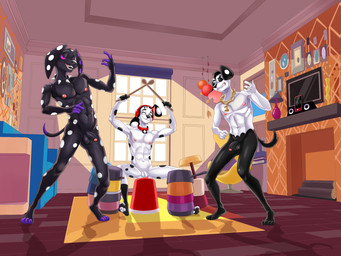 abs aged_up air_guitar anthro anthrofied athletic athletic_male balls bucket casual_nudity chain_necklace clenched_teeth clothing collar collar_only container electronics eyes_closed fingers flaccid footwear foreskin fur furniture genitals group headphones holding_object humanoid_genitalia humanoid_penis inside jewelry male navel necklace nipples nude open_mouth outdoor_nudity pan partially_retracted_foreskin pecs penis rock_out_with_your_cock_out shoes sitting smile spots spread_legs spreading standing stool tail teeth trio dal101strefan 101_dalmatian_street 101_dalmatians disney d.j._(101_dalmatians) dante_(101_dalmatians) dimitri_1_(101_dalmatians) dimitri_trio_(101_dalmatians) canid canine canis dalmatian domestic_dog mammal 4:3 digital_media_(artwork) hi_res brother_(lore) brothers_(lore) sibling_(lore)