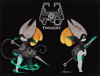black_background black_body black_cloak black_clothing black_skin cloak clothing colored_sclera colored_skin female fused_shadow fusion green_body green_skin hair headgear headwear holding_object holding_weapon long_hair orange_hair profile red_eyes simple_background standing weapon yellow_sclera nauskills hollow_knight_(franchise) nintendo team_cherry the_legend_of_zelda twilight_princess hornet_(hollow_knight) midna imp