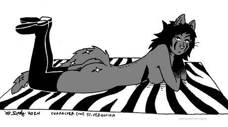 anthro bedding black_hair blanket breasts clothing ear_piercing ear_ring female fur grey_body grey_fur hair legwear legwear_only looking_at_viewer lying mostly_nude on_front piercing ring_piercing solo tail thigh_highs thigh_highs_only whiskers tegerio veronika_ozvezdje domestic_cat felid feline felis mammal 2024 greyscale monochrome