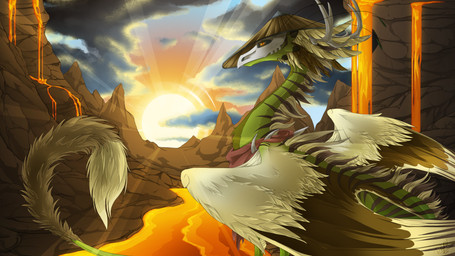 brown_body brown_feathers clothing detailed_background feathered_wings feathers feral hat headgear headwear horn sky sun tail tail_tuft tuft wings yellow_eyes drytil mythology dragon feathered_dragon feathered_scalie mythological_creature mythological_scalie scalie 16:9 absurd_res digital_media_(artwork) hi_res widescreen