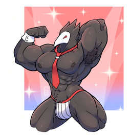 abs anthro armpit_hair biceps black_body black_feathers body_hair bulge clothing feathers hand_behind_head jockstrap male mask mostly_nude muscular muscular_male necktie nipples obliques pecs pose quads raised_arm raised_arms red_eyes solo sparkles triceps underwear solard0gg0 deltarune undertale_(series) avian darkner swatchling hi_res