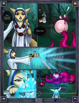 5_fingers angry anthro bald big_ears big_tail black_border blue_clothing border brown_eyes close-up clothed clothing detailed_background dialogue fangs female fingers forest_background front_view fur gem holding_object leaning leaning_forward looking_at_another looking_at_viewer magic_clothing magic_user magic_wand open_mouth outside profanity red_gem screaming side_view solo speech_bubble tail tan_body tan_fur teeth tentacles text tongue tuft white_clothing eliana-asato melony_(eliana-asato) canid canine fennec_fox fox mammal monster true_fox 2024 comic digital_media_(artwork) english_text hi_res multiple_scenes portrait three-quarter_portrait