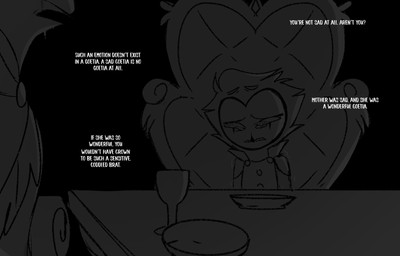 anthro black_background bodily_fluids chair container crying cup dialogue drinking_glass duo furniture glass glass_container glass_cup looking_down male plate simple_background sitting speech_bubble table tears text white_text wine_glass teathekook hellaverse helluva_boss paimon_(helluva_boss) stolas_(helluva_boss) avian bird owl owl_demon english_text hi_res monochrome father_(lore) father_and_child_(lore) father_and_son_(lore) parent_(lore) parent_and_child_(lore) parent_and_son_(lore) son_(lore)