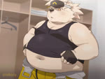 anthro belly belly_bounce belly_jiggle blush clothing detailed_background hat headgear headwear humanoid_hands jiggling kemono male navel obese obese_anthro obese_male overweight overweight_anthro overweight_male shirt solo tank_top topwear nikiciy bear mammal polar_bear ursine 2020 4:3 animated no_sound short_playtime webm