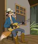 acoustic_guitar anthro body_hair boots chest_hair clothing cowboy_boots cowboy_hat denim facial_hair footwear furniture guitar hat headgear headwear hut male musical_instrument plucked_string_instrument redneck shoes sideburns smoking smoking_pipe solo stool string_instrument swamp diabloafterdark canid canine fox mammal red_fox true_fox hi_res