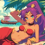 beach blue_eyes boat breasts brown_body brown_skin cleavage clothed clothing cloud day ear_piercing ear_ring female hair humanoid_pointy_ears leaf navel not_furry piercing pointy_ears ponytail purple_hair ring_piercing smile solo text vehicle water watercraft itzah shantae_(series) wayforward shantae genie humanoid 1:1 2024 digital_media_(artwork) pixel_(artwork) signature url