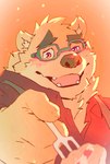 anthro blush brown_body brown_fur cake cutlery dessert eyebrows eyewear feeding_viewer food fork fur glasses kitchen_utensils male smile solo thick_eyebrows tools heylaw21 lifewonders tokyo_afterschool_summoners volos_(tas) bear mammal hi_res