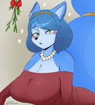 anthro big_breasts blue_body blue_fur blush breasts cleavage clothed clothing ear_piercing female fur gem heart_symbol jewelry mistletoe necklace off_shoulder pearl_(gem) pearl_necklace piercing plant berkthejerk nintendo star_fox krystal_(star_fox) canid canine fox mammal 2022 hi_res